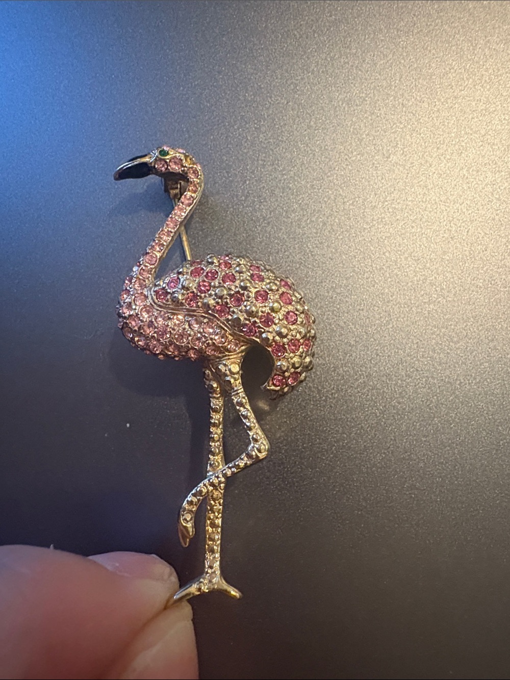 Vintage Pink Rhinestone Flamingo Pin Brooch Gold Tone